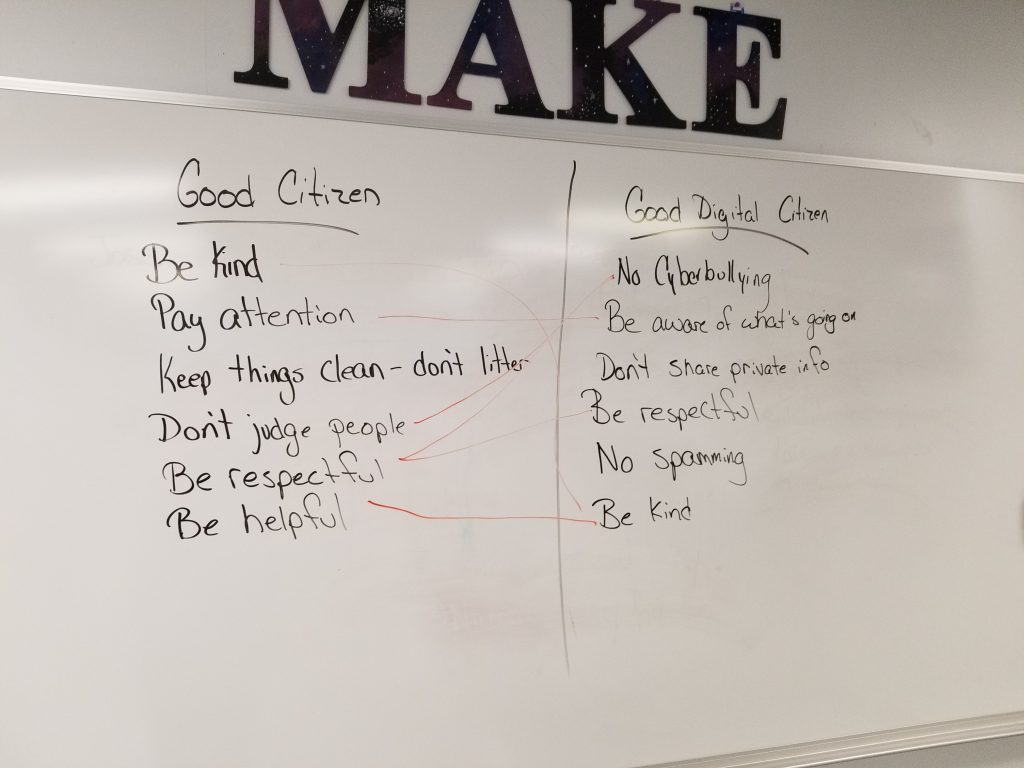 A chart on a whiteboard noting aspects of being a good citizen and how it connects to being a good digital citizen