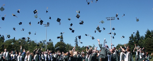 Students at a graduation throwing their caps in the air